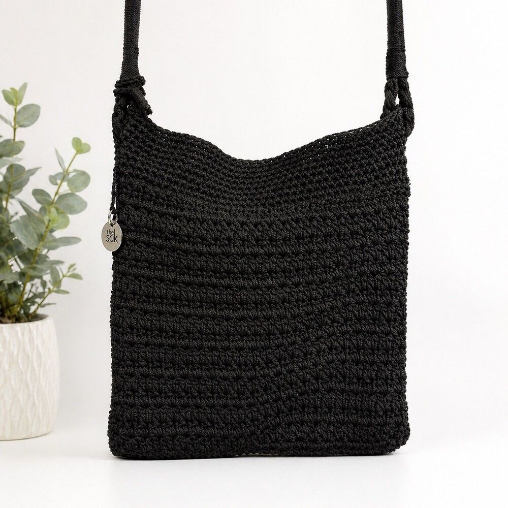 The Sak Black Crochet Crossbody Bag Woven Knit Boho Shoulder Purse Boho Cottage